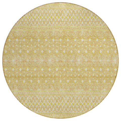 8' Gold Ivory And Taupe Round Tribal Washable Indoor Outdoor Area Rug