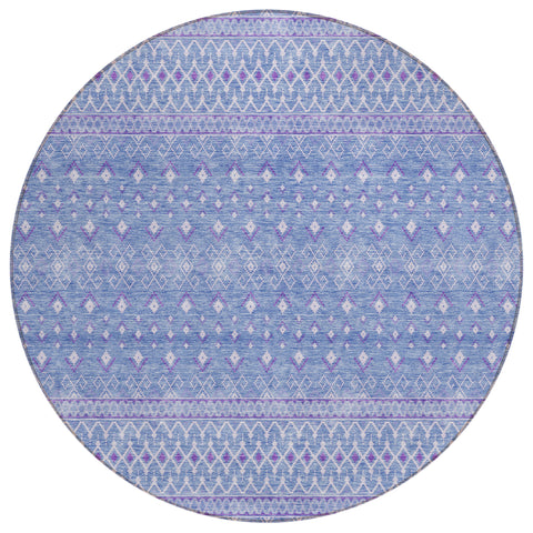 8' Sky Blue Purple And Ivory Round Tribal Washable Indoor Outdoor Area Rug