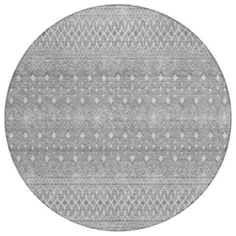 8' Silver Gray And Ivory Round Tribal Washable Indoor Outdoor Area Rug