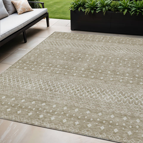 5' X 8' Taupe Green And Ivory Tribal Washable Indoor Outdoor Area Rug