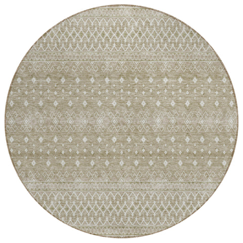 8' Taupe Green And Ivory Round Tribal Washable Indoor Outdoor Area Rug