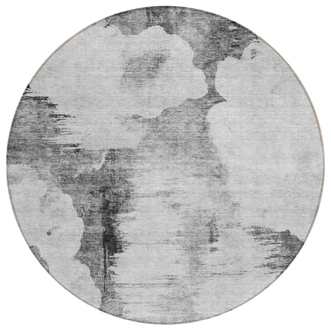 8' Gray Silver And Charcoal Round Abstract Washable Indoor Outdoor Area Rug