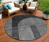 8' Charcoal Gray And Silver Round Geometric Washable Indoor Outdoor Area Rug