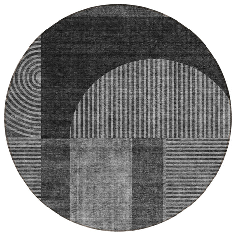 8' Charcoal Gray And Silver Round Geometric Washable Indoor Outdoor Area Rug