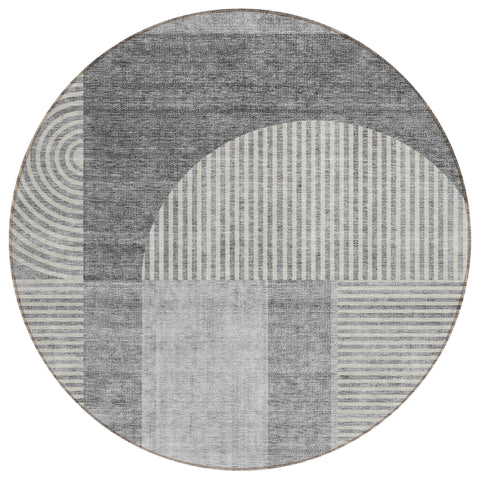 8' Gray Silver And Charcoal Round Geometric Washable Indoor Outdoor Area Rug