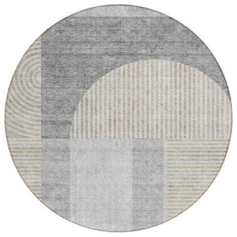 8' Silver Gray And Beige Round Geometric Washable Indoor Outdoor Area Rug