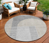 8' Silver Gray And Beige Round Geometric Washable Indoor Outdoor Area Rug