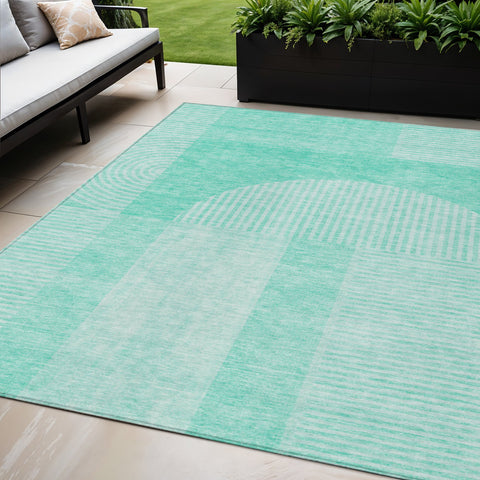 5' X 8' Teal Blue And Aqua Geometric Washable Indoor Outdoor Area Rug