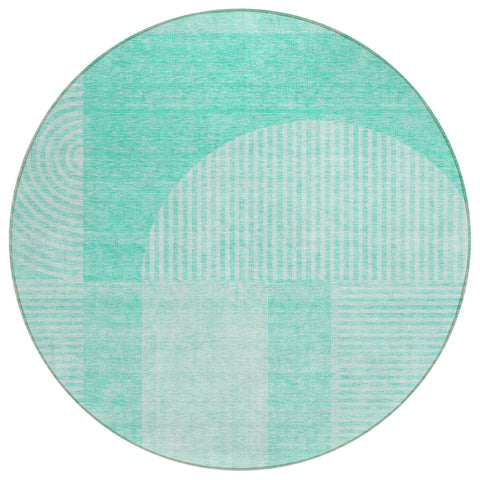 8' Teal Blue And Aqua Round Geometric Washable Indoor Outdoor Area Rug