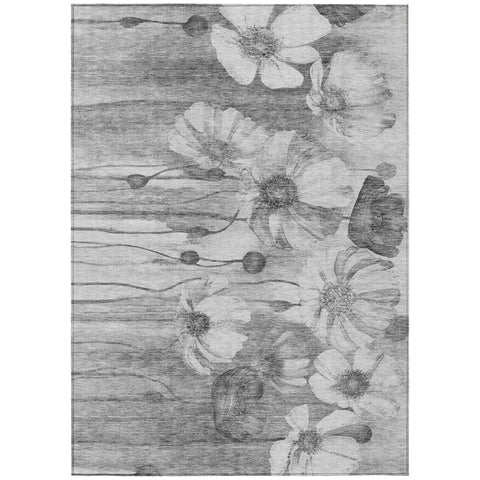 5' X 8' Gray Charcoal And Silver Floral Washable Indoor Outdoor Area Rug