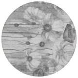 8' Gray Charcoal And Silver Round Floral Washable Indoor Outdoor Area Rug
