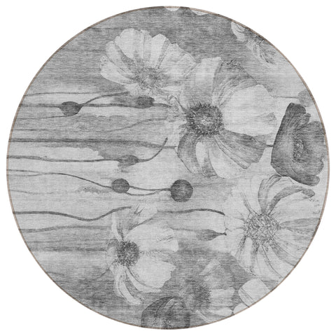 8' Gray Charcoal And Silver Round Floral Washable Indoor Outdoor Area Rug