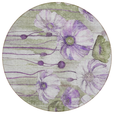 8' Purple And Lavender Round Floral Washable Indoor Outdoor Area Rug