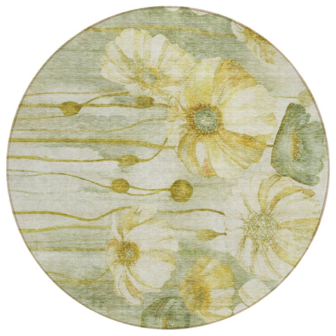 8' Sage Fern Green And Ivory Round Floral Washable Indoor Outdoor Area Rug