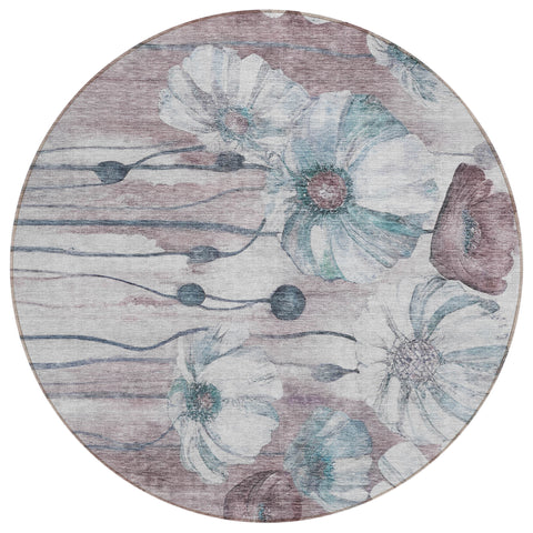 8' Teal Blue Aqua And Ivory Round Floral Washable Indoor Outdoor Area Rug