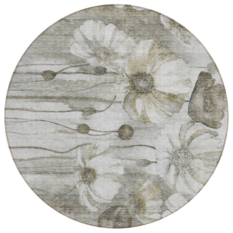 8' Taupe Ivory And Tan Round Floral Washable Indoor Outdoor Area Rug