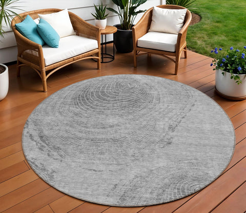 8' Gray Silver And Charcoal Round Abstract Washable Indoor Outdoor Area Rug
