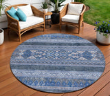 8' Navy Blue And Denim Blue Round Southwestern Washable Indoor Outdoor Area Rug