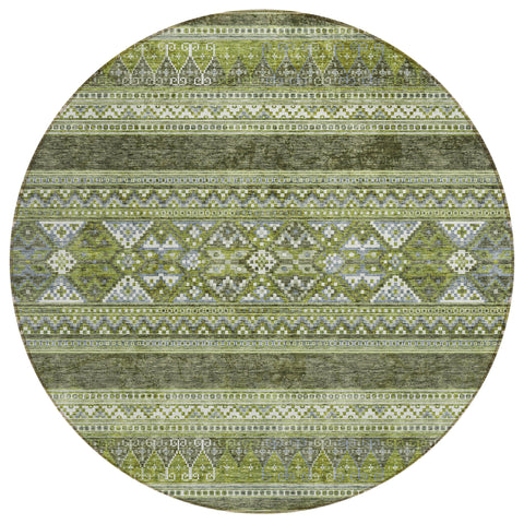8' Olive Green And Artichoke Green Round Southwestern Washable Indoor Outdoor Area Rug