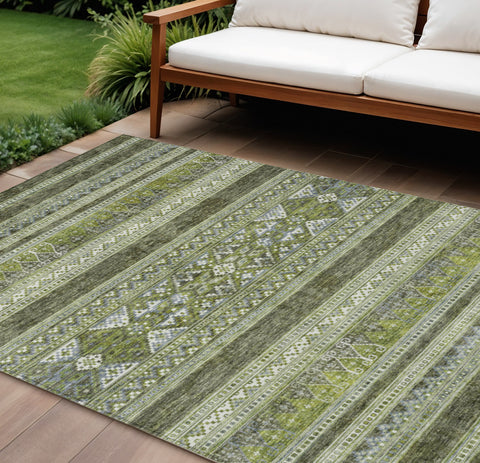 8' X 10' Olive Green And Artichoke Green Southwestern Washable Indoor Outdoor Area Rug