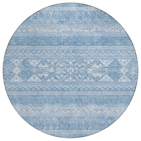 8' Sky Blue And Ivory Round Southwestern Washable Indoor Outdoor Area Rug