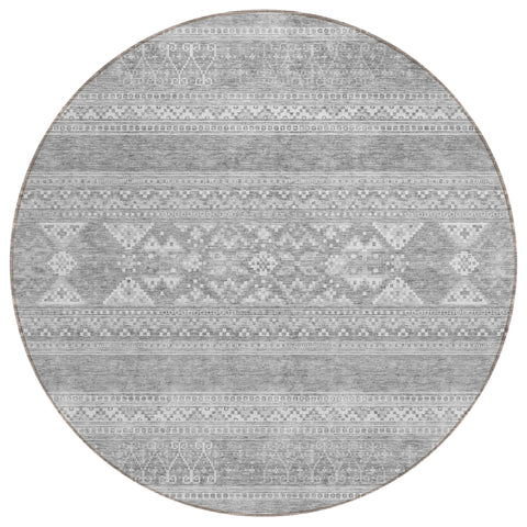 8' Silver Gray And Ivory Round Southwestern Washable Indoor Outdoor Area Rug