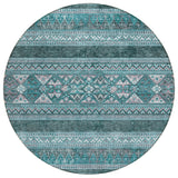 8' Teal Blue Ivory And Gray Round Southwestern Washable Indoor Outdoor Area Rug