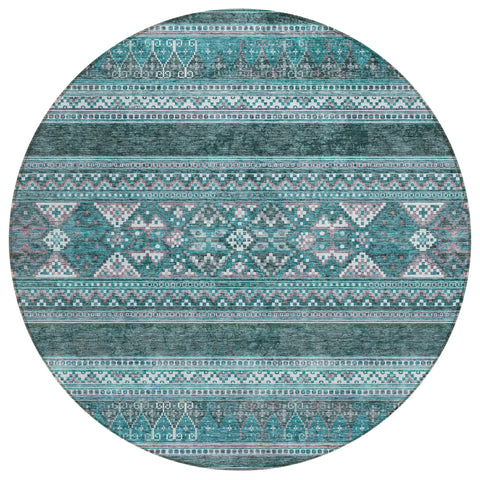 8' Teal Blue Ivory And Gray Round Southwestern Washable Indoor Outdoor Area Rug