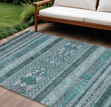 8' X 10' Teal Blue Ivory And Gray Southwestern Washable Indoor Outdoor Area Rug
