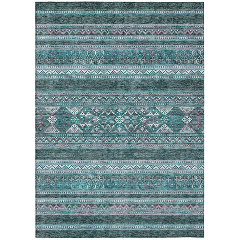 8' X 10' Teal Blue Ivory And Gray Southwestern Washable Indoor Outdoor Area Rug