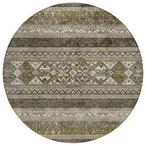 8' Taupe Beige And Ivory Round Southwestern Washable Indoor Outdoor Area Rug