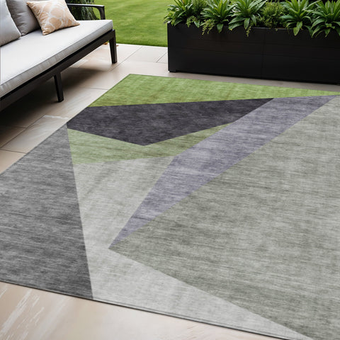 5' X 8' Sage Green And Charcoal Abstract Washable Indoor Outdoor Area Rug