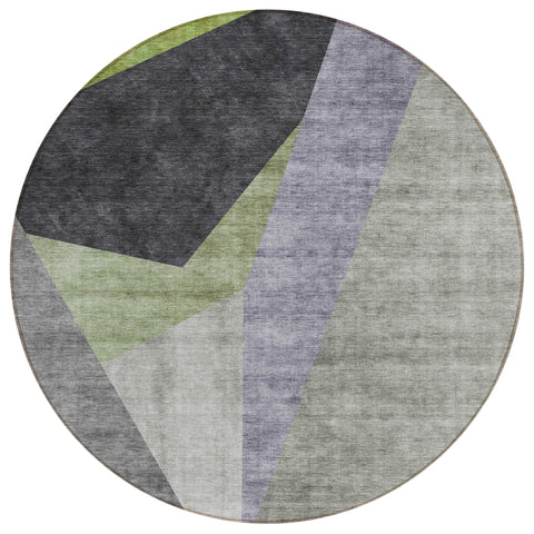8' Sage Green And Charcoal Round Abstract Washable Indoor Outdoor Area Rug