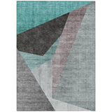 5' X 8' Teal Blue Aqua And Charcoal Abstract Washable Indoor Outdoor Area Rug