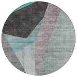 8' Teal Blue Aqua And Charcoal Round Abstract Washable Indoor Outdoor Area Rug
