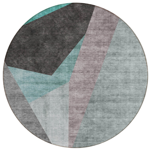 8' Teal Blue Aqua And Charcoal Round Abstract Washable Indoor Outdoor Area Rug