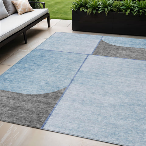 5' X 8' Sky Blue And Denim Blue Abstract Washable Indoor Outdoor Area Rug