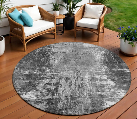8' Gray Charcoal And Silver Round Abstract Washable Indoor Outdoor Area Rug