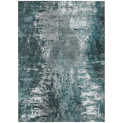 5' X 8' Teal Blue Gray And Charcoal Abstract Washable Indoor Outdoor Area Rug