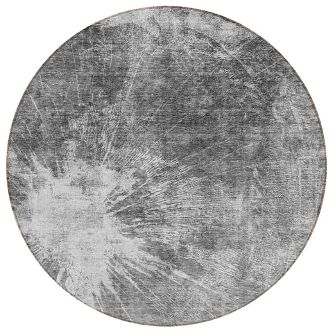 8' Gray Charcoal And Silver Round Abstract Washable Indoor Outdoor Area Rug