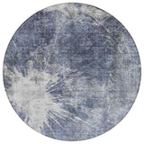8' Navy Blue And Denim Blue Round Abstract Washable Indoor Outdoor Area Rug