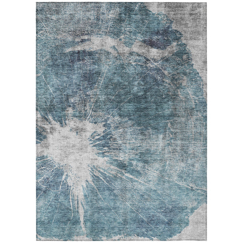 3' X 5' Teal Blue Navy Blue And Gray Abstract Washable Indoor Outdoor Area Rug