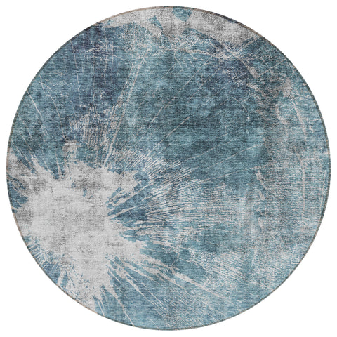 8' Teal Blue Navy Blue And Gray Round Abstract Washable Indoor Outdoor Area Rug