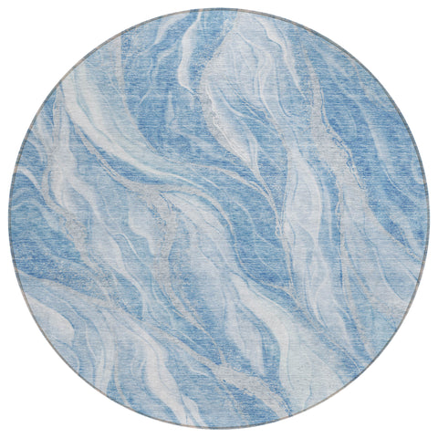 8' Denim Blue And Sky Blue Round Abstract Washable Indoor Outdoor Area Rug