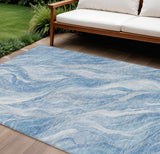 8' X 10' Denim Blue And Sky Blue Abstract Washable Indoor Outdoor Area Rug
