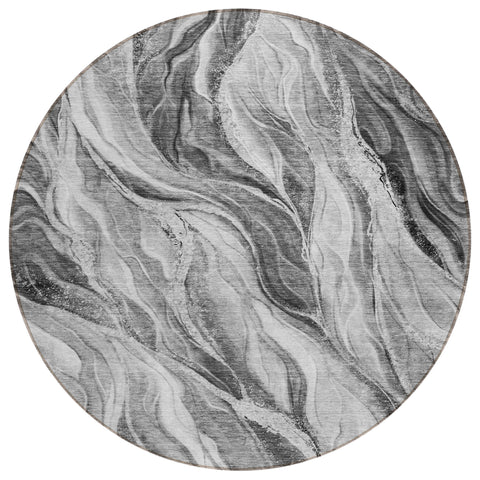 8' Gray Charcoal And Ivory Round Abstract Washable Indoor Outdoor Area Rug