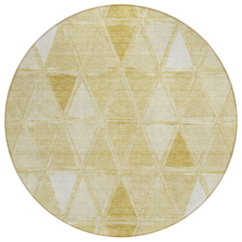 8' Gold Wheat And Ivory Round Geometric Washable Indoor Outdoor Area Rug