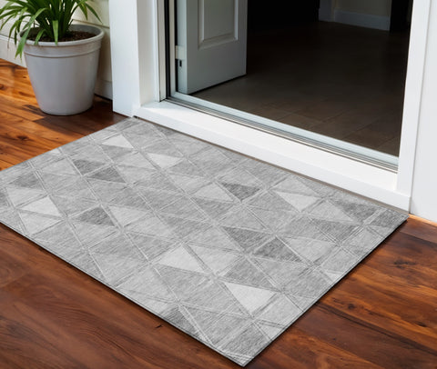 3' X 5' Gray Silver And Ivory Geometric Washable Indoor Outdoor Area Rug