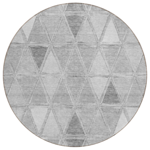 8' Gray Silver And Ivory Round Geometric Washable Indoor Outdoor Area Rug