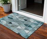 3' X 5' Teal Blue Aqua And Gray Geometric Washable Indoor Outdoor Area Rug